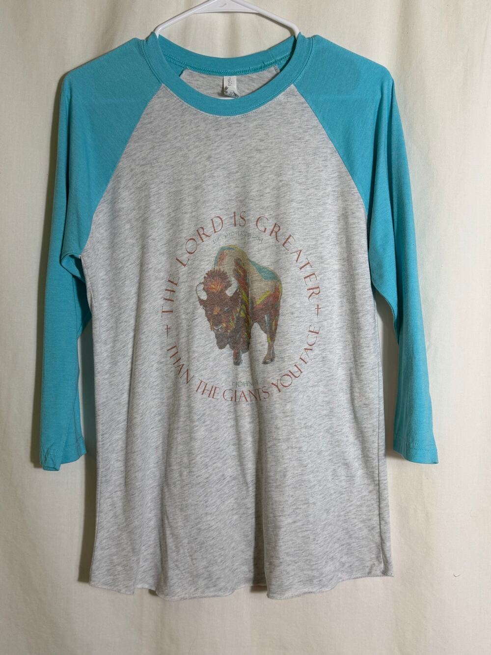 Christian Buffalo Baseball Tee John 1:4 Bible Verse Raglan Shirt Women’s Small